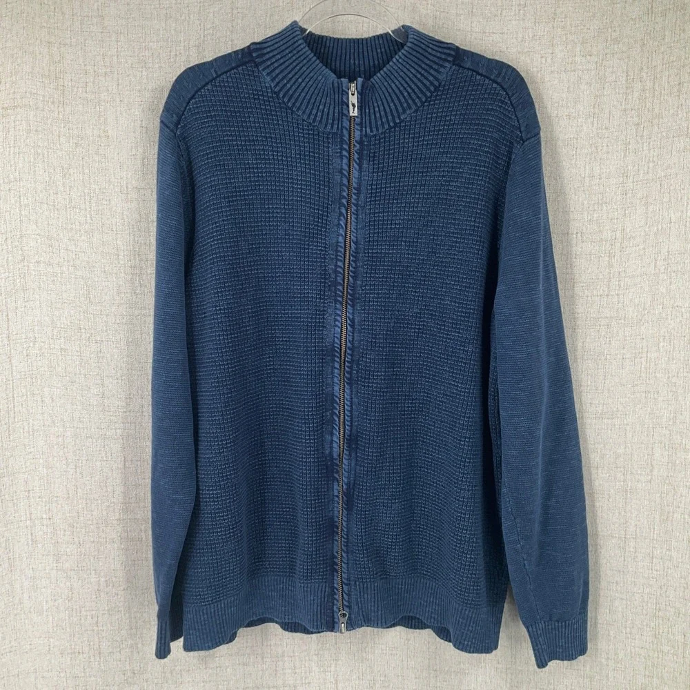 Tommy Bahama Cardigan Sweater Mens XL Blue Full Zip Mock Neck Waffle Knit Preppy